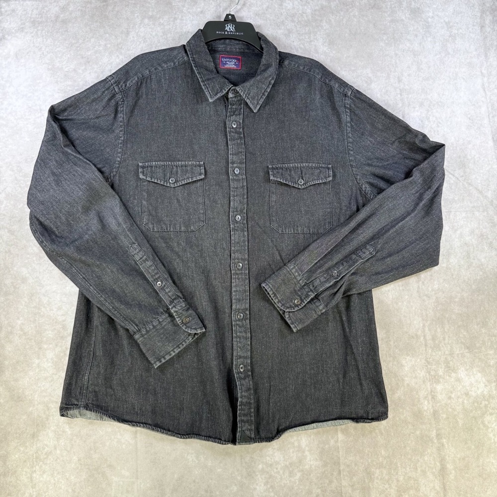Untuckit Shirt Men XXL Black Denim Chambray‎ Slim Fit Button Up Long Sleeve